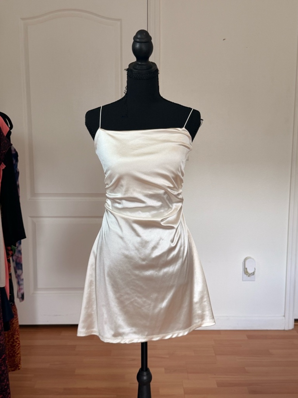 H&M Divided Ivory Satin Ruched Slip Mini Dress Size S Cowl Neck Spaghetti Strap